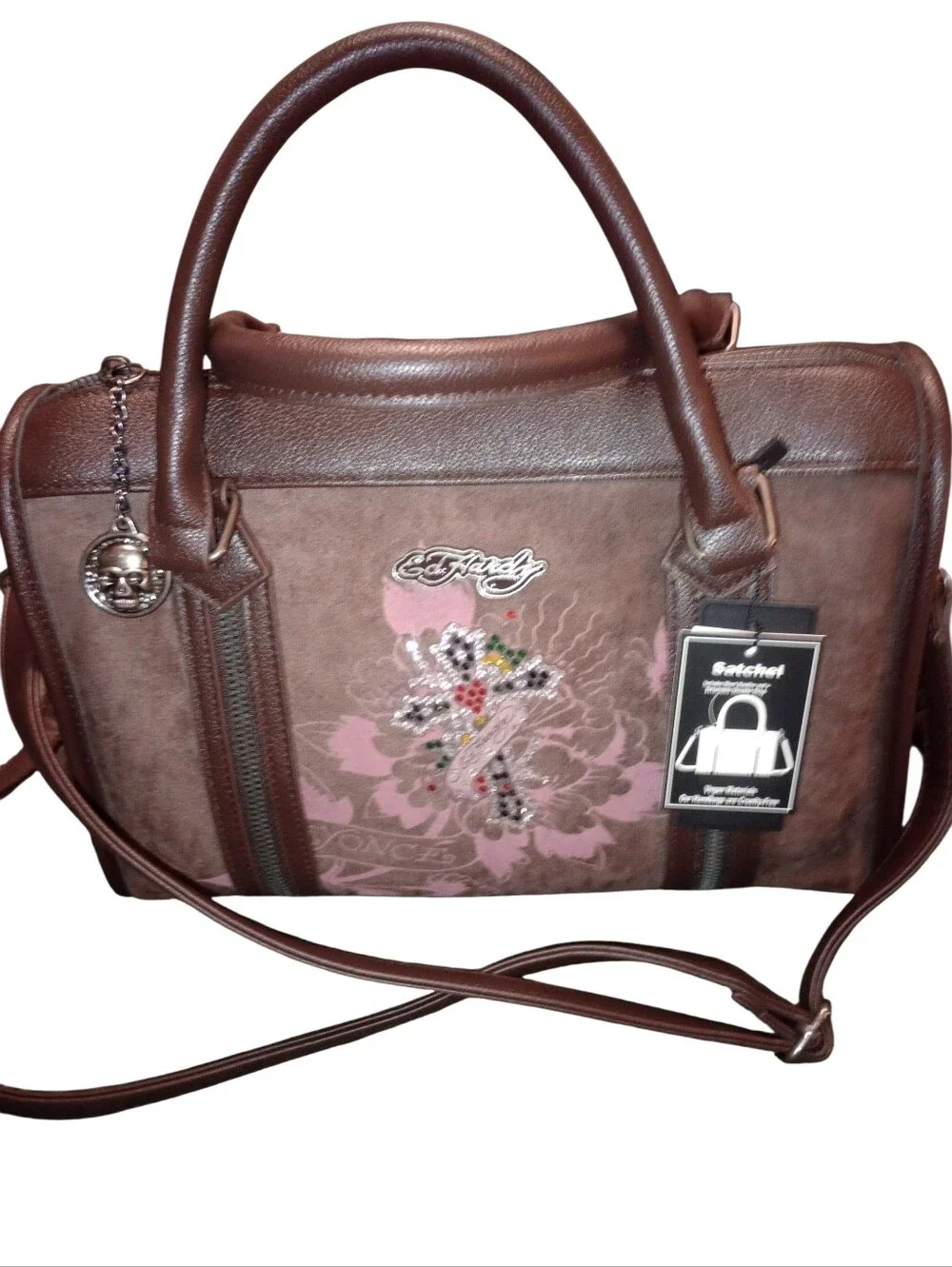 Ed Hardy Brown & Pink Floral Accent Satchel Handbag, NWT